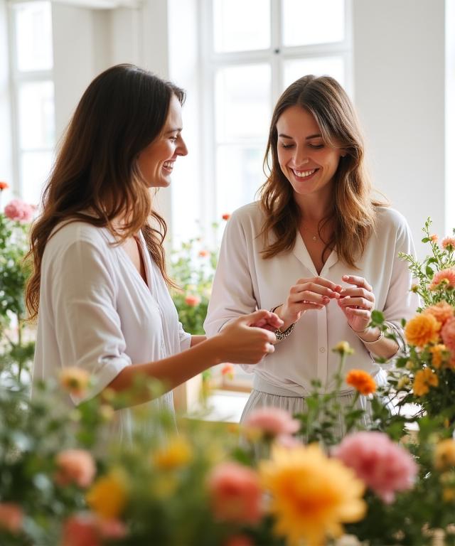 Students engaged in a floristry workshop in a sunlit studio