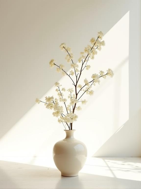 A minimalist floral installation in a quiet, sunlit gallery space