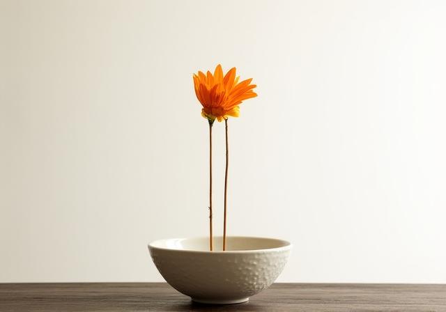 A minimalist Ikebana floral arrangement in a shallow ceramic dish